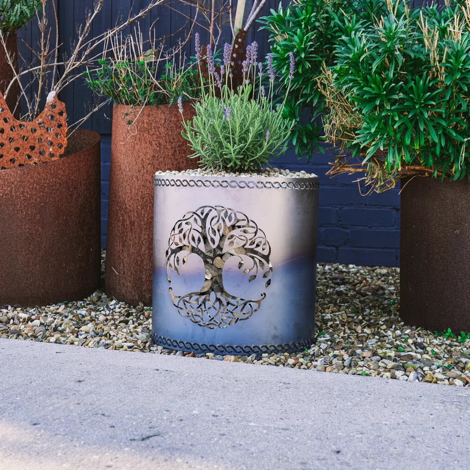 Bellamy Rustic Steel Circular Planter with Celtic-Inspired Tree of Life Cutout - Image 13
