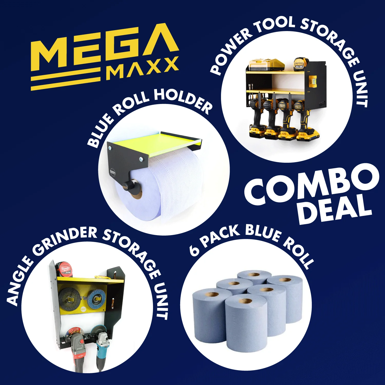 MegaMaxx UK™ Combo Deal - Power Tool Storage Unit + Angle Grinder Storage Unit + Blue Roll Holder + Pack of 6 Blue Roll - Image 5