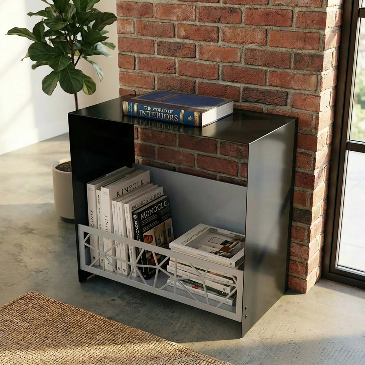 Okunaii™ Geometric Pattern Steel Side Table with Magazine Rack - Image 12